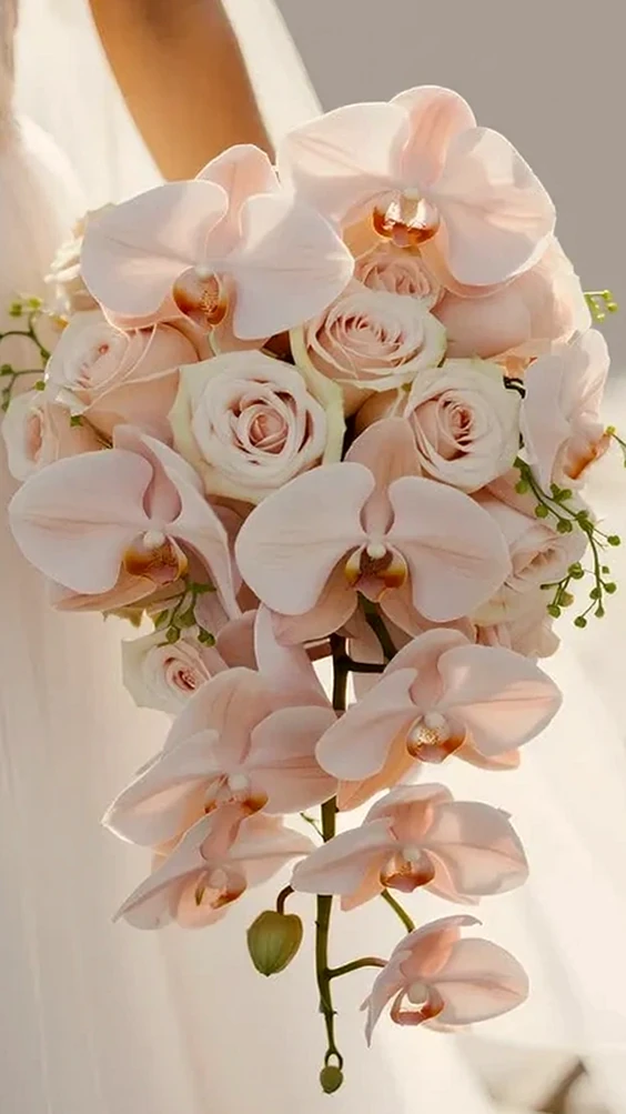 Buquê Cascata de Noiva com Rosas e Orquídeas