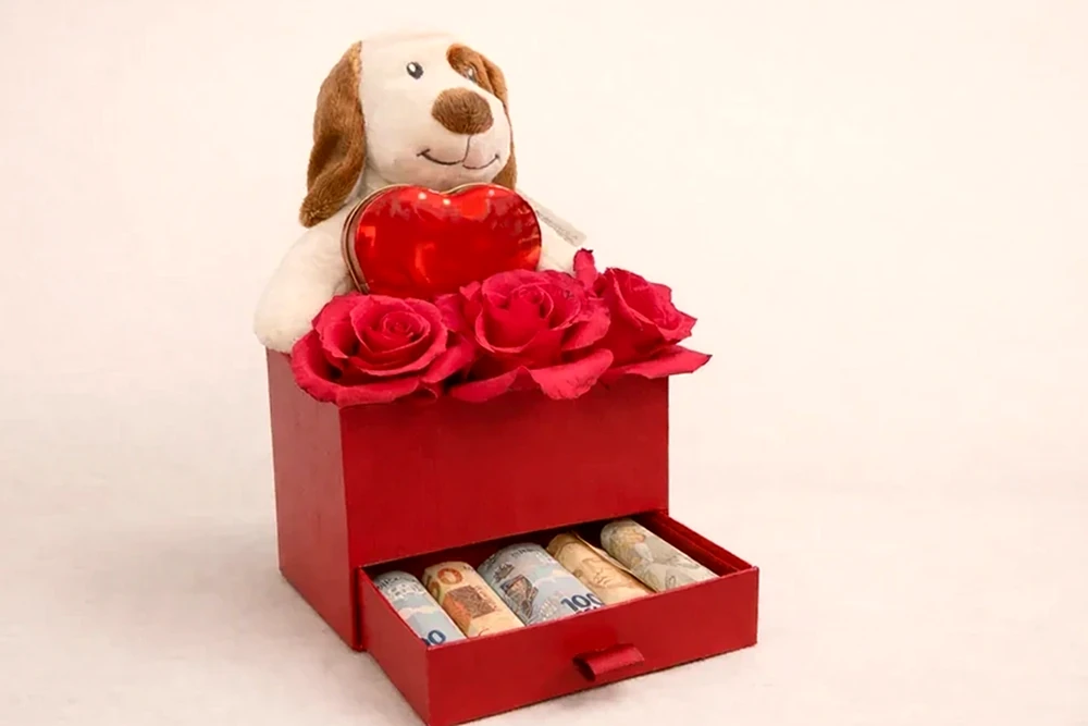 Caixa Presente com Rosas, Pelúcia, Chocolate e Dinheiro