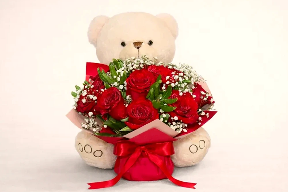 Ursinho com Buquê de 10 Rosas Vermelhas